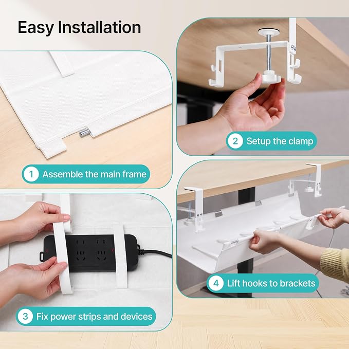 No Drill Under Desk Cable Management Tray, 31.5" Fabric Organizer | Clamp/Screw Premium Mount Cord Holder, for Power Strips, Adapters, with 2 Hooks & 1 Tie Roll for Home Office Gaming, White