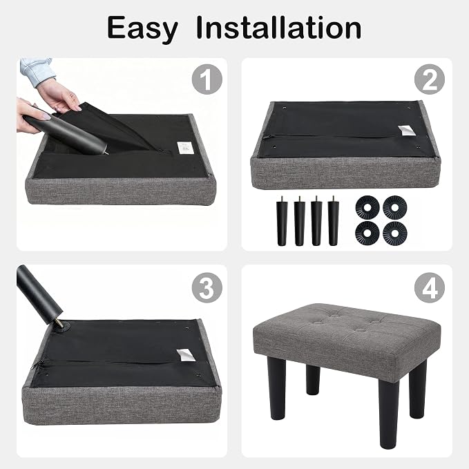 CAROLMADE Footstool Ottoman with Legs, Linen Small Foot Rest Under Desk, Ottoman with Storage for Living Room, Bedroom, Entryway Grey