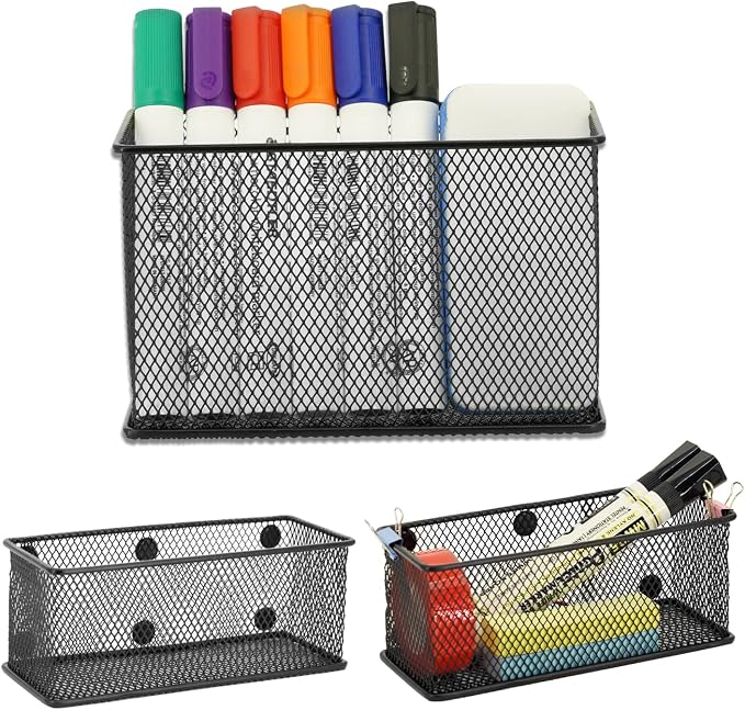 Neudeco Magnetic Locker Shelf Organizer, Black, Pack of 3 | Pencil Holder, Metal Storage Basket, For Whiteboard & Refrigerator, Ideal for School