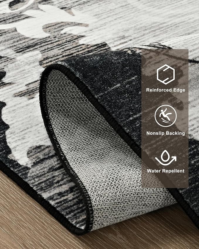 Washable Abstract Rug, 8x10 Black Floral Area Rugs with Non-Slip Rubber Backed for Living Room, Low Pile Modern Throw Carpet Bedroom Dining Room Decor
