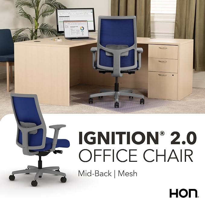 HON Ignition 2.0 Mid‑Back Ergonomic Office Chair, Mesh Task Seating with Lumbar Support, Advanced Synchro‑Tilt, Height and Width Adjustable Arms, Titanium Frame, Cobalt