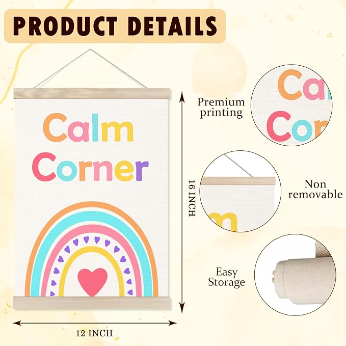 Welshower Boho Rainbow Calm Corner Poster Hanger Frame, Colorful Mental Health Wall Art Prints Decor for Kids Room Classroom Therapy School Counselor Calming Office, 12x16 Inch