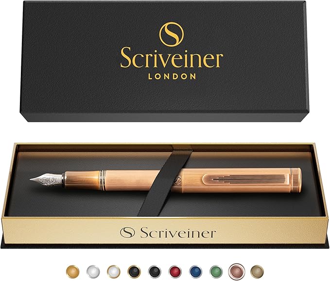 Scriveiner Luxury EDC Fountain Pen (Fine), Stunning Heavy Brass Pocket Pen, Hand Brushed Copper Finish, Schmidt German Nib Converter, Best Writing Pen Gift Set for Men Women, Nice Fancy Designer Pen