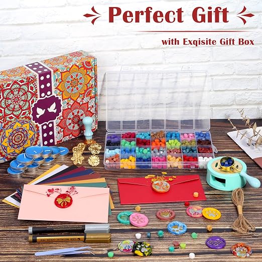 Upgraded Wax Seal Stamp Kit, Anezus 790pcs Sealing Stamp Kit with Wax Seal Beads, Stamps, Warmer, Vintage Envelopes, and Gift Box for Letter Sealing, Invitation Cards, Craft Decoration