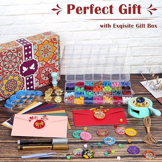 Upgraded Wax Seal Stamp Kit, Anezus 790pcs Sealing Stamp Kit with Wax Seal Beads, Stamps, Warmer, Vintage Envelopes, and Gift Box for Letter Sealing, Invitation Cards, Craft Decoration