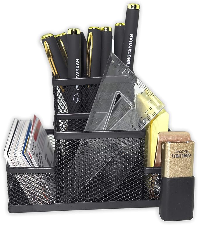 Fengtaiyuan T01, Black Metal Wire Mesh Pencil Holder, Desktop Organizer