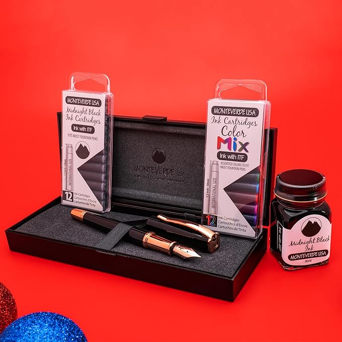 Monteverde USA Impressa Fountain Pen - Black & 24K Gilded Rose Gold Pen, 24K Gilded Gold Medium Nib, Free Ink Bottle, Free 24 Cartridges, Luxury Writing Experience, Elegant Executive Gift Set