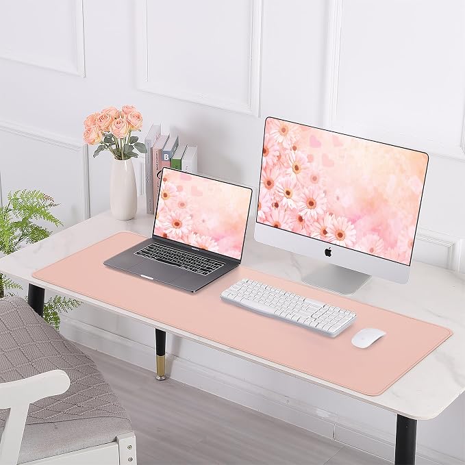 AFIING Large Desk Mat 47.2" x 17.5", Leather Desk Pad Protector with Natural Cork & PU Leather, Non-Slip Office Desk Mat, Double-Sided Mouse Pad, Waterproof Large Desk Pad for Office and Home (Pink)