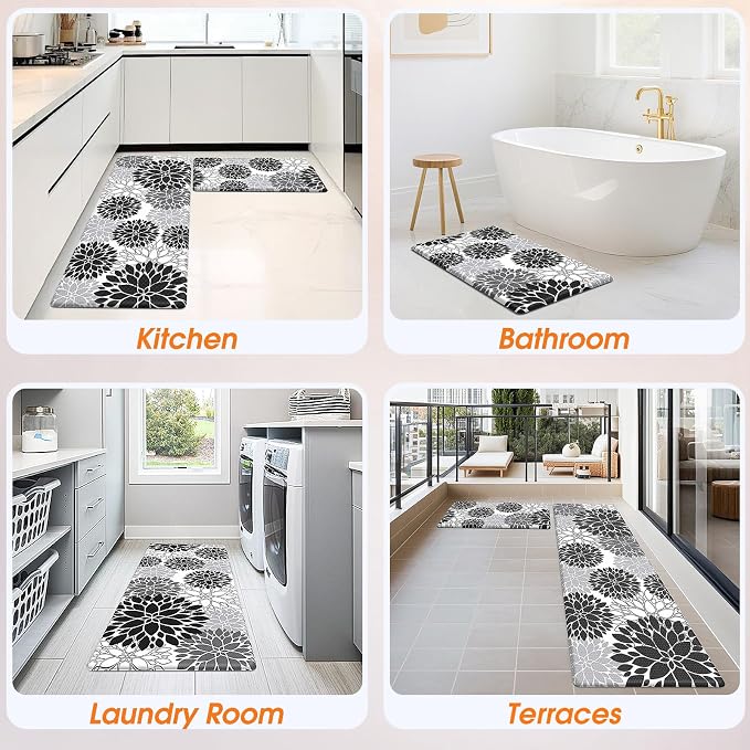 StepLively Kitchen Mats for Floor 2PCS, Anti Fatigue Mats for Kitchen Floor, Kitchen Accessories for Sink, Office, Laundry, 17.3"×30"+17.3"×47", White and Black