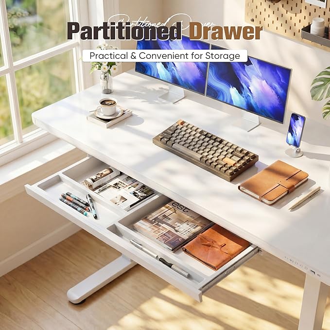 YESHOMY Electric Standing Desk with Tempered Glass Top, 55.1" Height Adjustable Desk with Partitioned Drawer & USB/Type-C Ports, Sit Stand Desk for Home Office, White