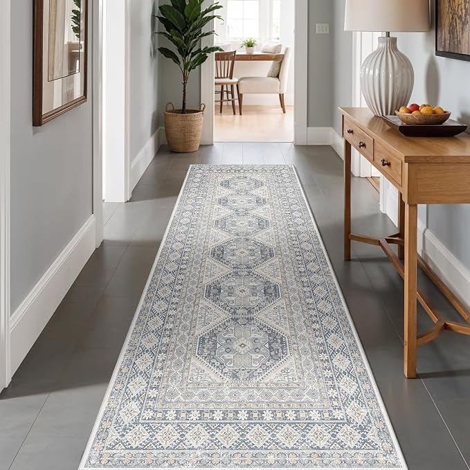3x10 Runner Rug Kitchen Washable:Oriental Indoor Hallway Runners with Non Slip Backing Floor Mat for Entryway Door Low Pile Thin Carpet for Bedroom Bathroom Living Room Bedside (Blue, 3x10)