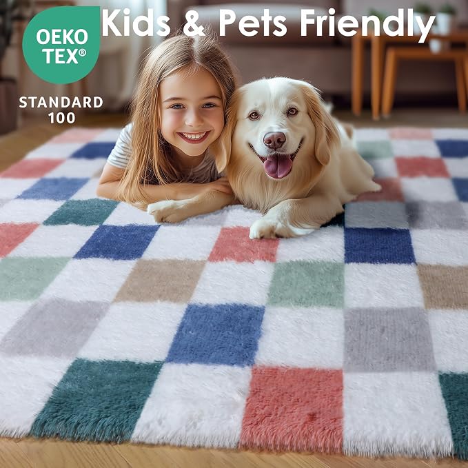 KICMOR 8x10 Area Rugs for Living Room, Large Fluffy Soft Colorful Checkered Shag Shaggy Fuzzy Carpet for Bedroom, Indoor Big Plush Rainbow Rug for Kids Boys Girls Dorm Nursery Home Decor Aesthetic