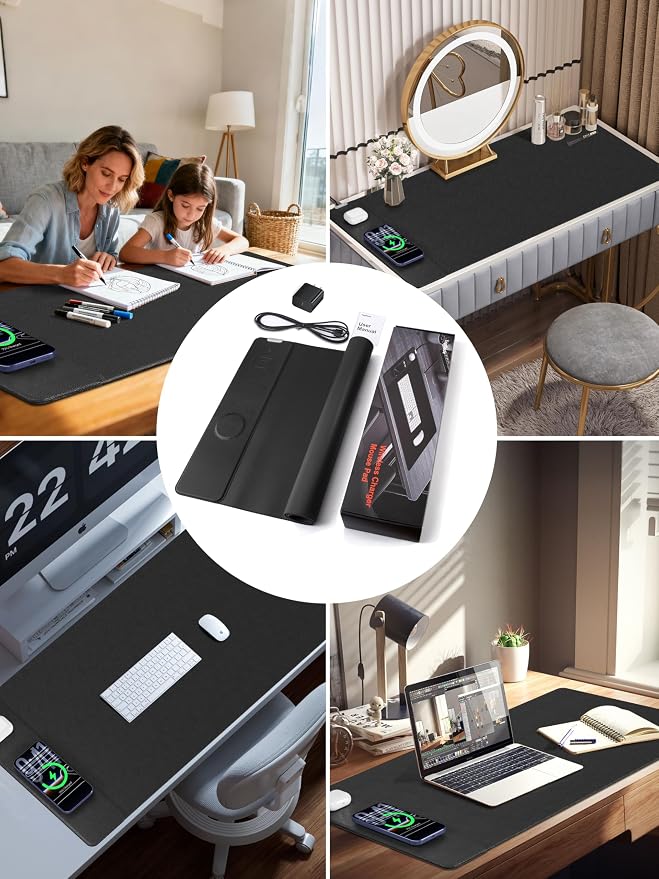 TopMade Mouse Pad with 15W Wireless Charging, XXL Large Leather Desk Mat, Waterproof Gaming Mousepad Home Office Desk Pad Protector, Black (Includes 20W PD Power Adapter & 6.56ft Woven Cable)