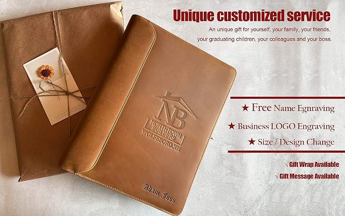 Personalized Genunie Leather Portfolio Binder, Customized Leather Portfolio for Men,Business Portfolio Organizer for A4 Size Notepad, Customized Gift