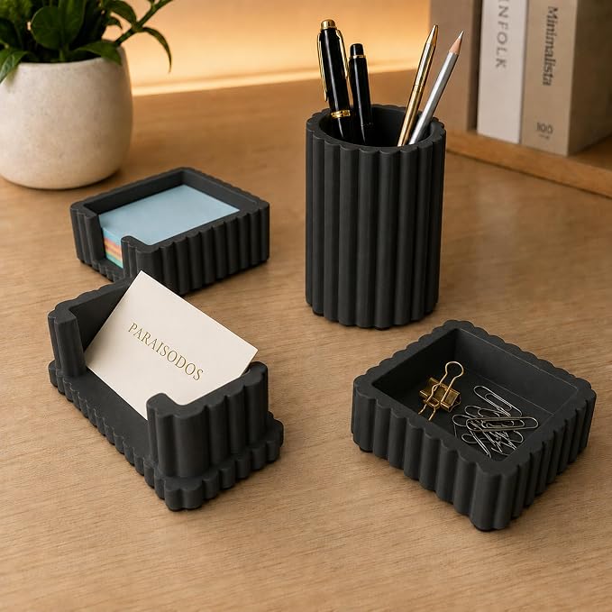 Concrete Desk Organizer Set of 4, Modern Desk Accessories, Black | Pen holder, Sticky note holder, Paper clip tray, Business card holder, Soft anti-slip pads, For home and office use