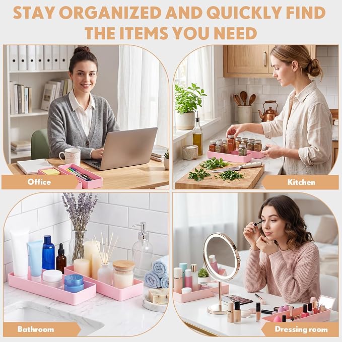 Teling 2 Pcs Pink Large Rectangular Desk Organizer Set, Half Accessory Tray, Plastic Tabletop Organizer for Office, Home, or Study, Dimensions: 9.45 x 2.95 x 1.38 Inches