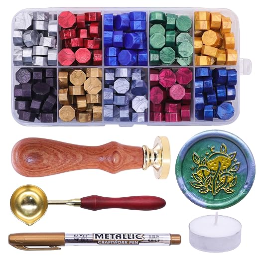 SWANGSA Mushroom Wax Seal Stamp Kit with 200pcs Sealing Wax Beads, Great for Embellishment of Invitations, Wine Packages, Gift Idea