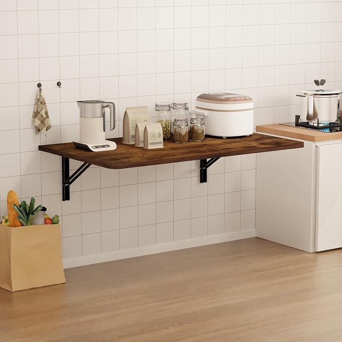 IAE Wall Mounted Floating Foldable Desk, 36" x 22" Folding Computer Workstation Table with Engineered Wood and Metal Shelf Brackets,Fold&Floating Design for Home Office, Apartment,Laundry Room,Rustic