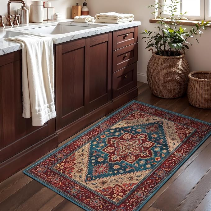 Kitchen Rugs 2x4 Washable Rug for Entryway Vintage Non Slip Small Rugs Front Door Mat Indoor Entrance, Print Distressed Throw Rug Red/Blue, Soft Low Pile Small Carpet for Entry Bedroom Bathroom
