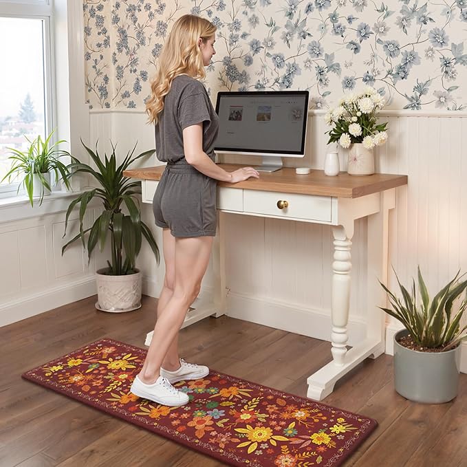 GENIMO Anti Fatigue Kitchen Mats for Floor 2PCS, Cushioned Standing Mats | 17.3"x59"&17.3"x30", Red vintage floral rug set, waterproof, non slip, easy-clean for farmhouse