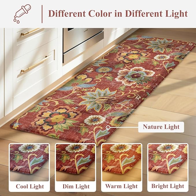 LEEVAN Anti Fatigue Kitchen Mats for Floor, Cushioned Kitchen Mat Set 2PCS | 17.3"x29"+17.3"x47", Boho Floral Coral Red Kitchen Rugs Non-Slip, Waterproof Ergonomic Standing Mat for Laundry, Office, Sink