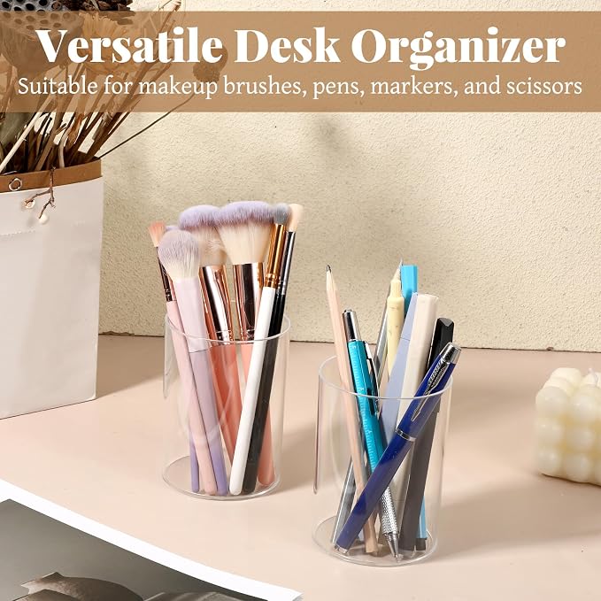 2 Pcs Acrylic Pencil Holders Cup Acrylic Makeup Brush Holder Clear Pen Holder Round Container Clear Brush Container for Home School Office Desk Accessory
