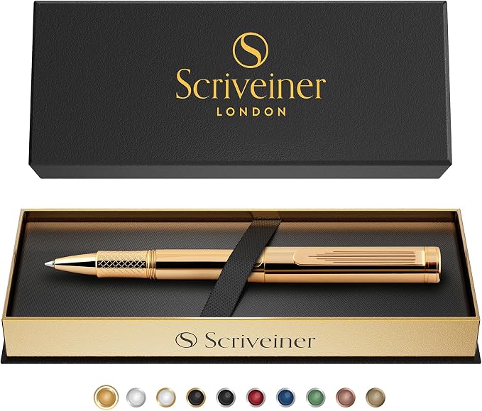 Scriveiner Heavy Gold Rollerball Pen, Award Winning Luxury Pocket Pen with gold plating Finish, German Schmidt Refill, Best EDC Writing Gift Set for Men & Women, Nice Fancy