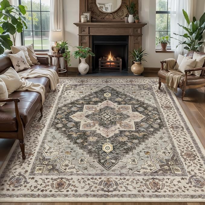 Tangsoo Washable Rug 4x6 Area Rug, Farmhouse Indoor Rugs for Living Room, Vintage Non Slip Machine Washable Large Rugs, Soft Print Distressed Grey Farmhouse Carpet for Office Bedroom Dining Room