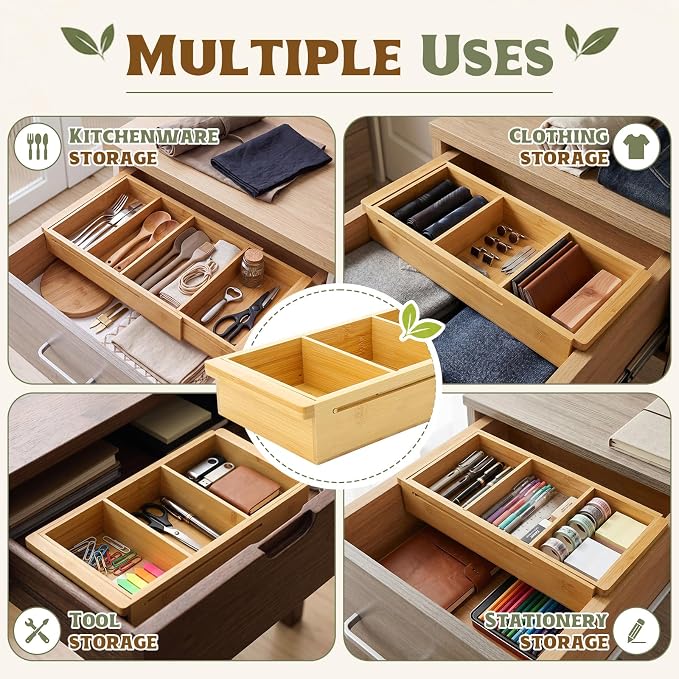 Yookeer 2 Pcs Expandable Drawer Organizer Adjustable Hanging Deep Drawer 11.4'' to 18.1'' Bamboo Wood Dividers Storage Tray for Desk Kitchen Bedroom Bathroom Office Supplies