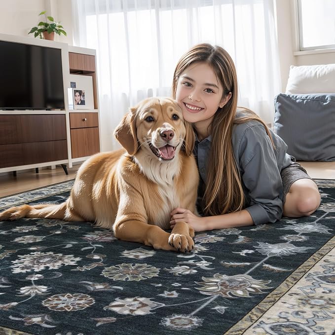 Tangsoo Black 5x7 Washable Area Rugs for Living Room, Floral Vintage Indoor Non Slip Large Area Rug, Oriental Print Distressed Carpet, Boho Soft Low Pile Foldable Floor Rug for Bedroom Dining Room