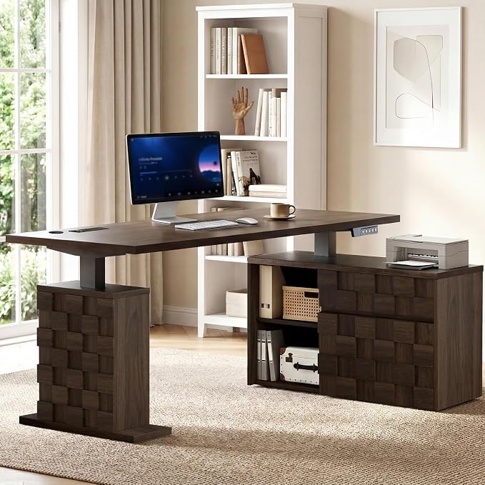 67" L Shaped Standing Desk with Drawers, Electric Height Adjustable Corner Desk, Sit Stand Office Desk with 4 AC Outlets & Type C Port, Executive Computer Desk with Cabinet, Brown