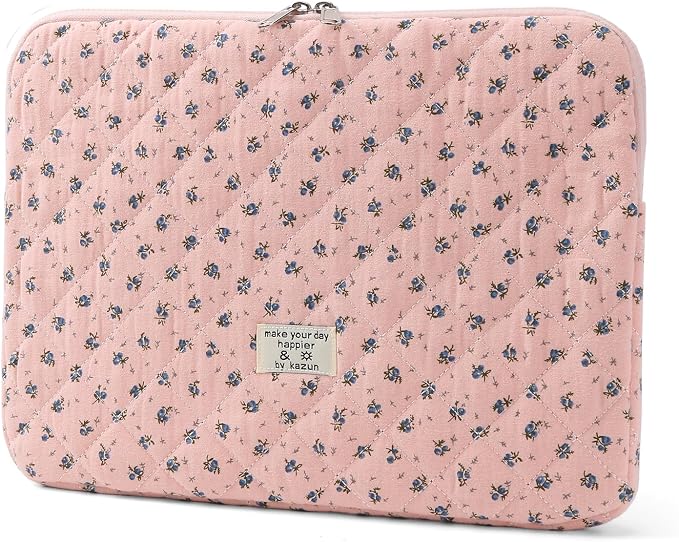 Puffy Laptop Sleeve 13-15.6 Inch Cute Quilted Laptop Protective Case Padded Floral Computer Sleeve for MacBook (A-Dark Pink, 15 Inch)