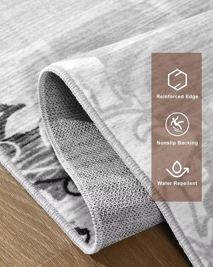 Macgace Washable Abstract Rug, 8x10 Classic Grey and White Floral Area Rugs with Non-Slip Rubber Backed for Living Room, Low Pile Modern Throw Carpet Bedroom Dining Room Decor