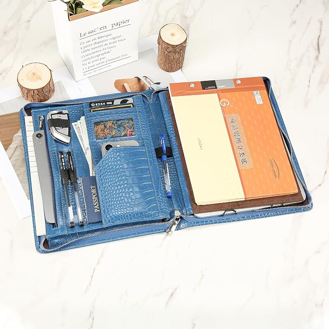 Croc-Embossed Leather Portfolio Binder with Handle, 13 inch Padfolio Holder, Professional Executive Resume Folder for Men & Women, Zippered Business Organizer, Navy Blue