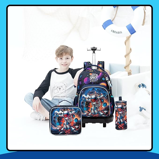 Boys Rolling Backpack for Kids 8-12 Trolley School Bag with Wheels Travel Backpack for Kids with Lunch Bag Back to School Supplies