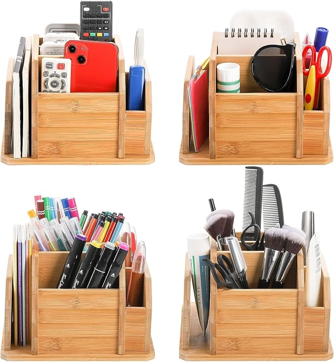 Bamboo Rotating Remote Control Holder for Table, 7 Compartments Office Supplies Organizer 360° Spinning Desktop Storage Caddy for Pen, Colored Pencil, Book Sewer, Sticky Notes