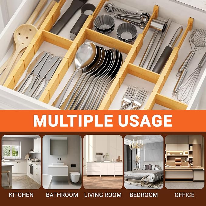 Expandable and Adjustable Bamboo Drawer Dividers with 12 Inserts, Kitchen Drawer Organizer