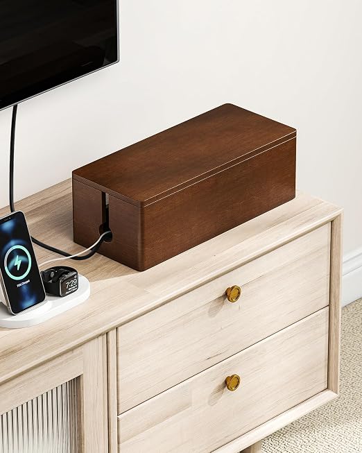 YECAYE Solid Wood Cable Management Box, Walnut Color, 14.2 x 6.1 x 4.1 | Magnetic Closure, For Power Strip & Wire Storage, Cord Organizer, Hide Cords, Home Office Decor,Cable Organizer Box