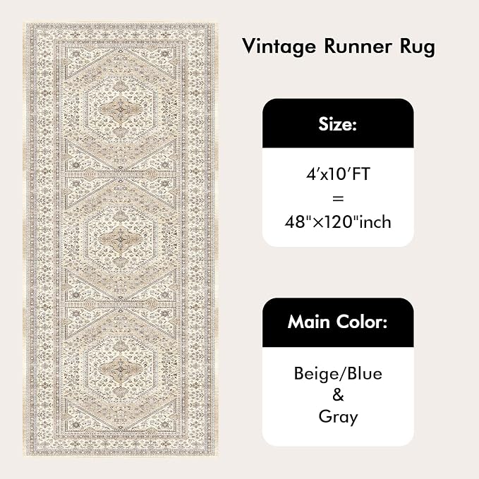 4x10 Runner Rug for Hallway Washable: Non Slip Kitchen Rugs with Rubber Backing Soft Waterproof Wide Mats Stain Resistant Low Pile Carpet for Entryway Bedroom Bathroom Laundry Home Decor Beige/Gray
