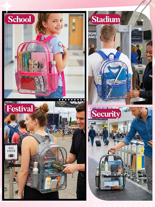 MADHOLLY 12 Pack Bulk Clear Backpack for School - 17" Large Transparent Bookbag for Kids/Girls/Boys/Charity/Stadium/Back to School Supplies, with Front and Side Bottle Pockets
