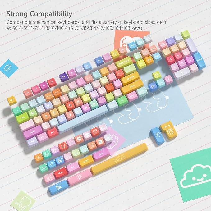 Womier Cute Keycaps, Cat PBT Keyboard Keycaps, MOA Profile Dye-Sublimation Rainbow Candy Key Caps for 60 65 75 100 Percent Cherry MX, Kailh, Outemu, Gateron Mechanical Keyboard(Colour)