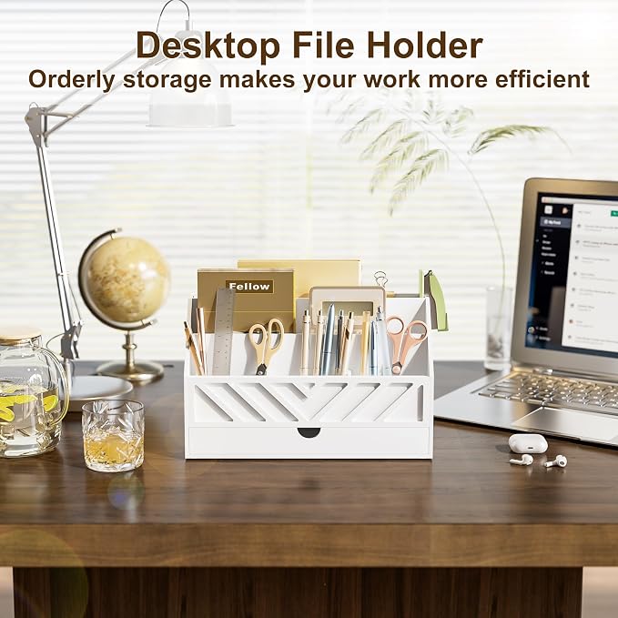 SRIWATANA White Desk Mail Organizer with Drawer, 5 Slot Countertop Sorter | Pull-out Drawer Storage, 5 Compartment Mail Sorter, Holds Letters Bills Envelopes Receipts, for Home Office