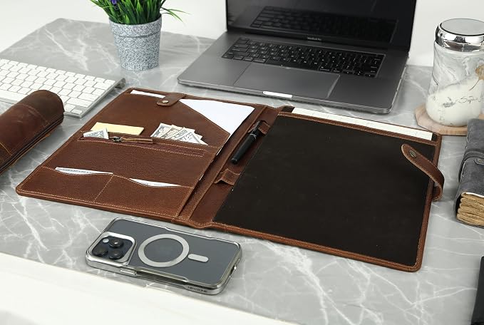 KomalC Leather Portfolio Folder with Button Closure | Business Padfolio for Professionals | Vintage Organizer with Legal Pad Holder, Card Slots & Document Pockets