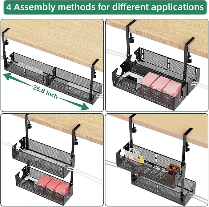 Multi-Model Under Desk Cable Management Tray 2 Packs Metal Under Desk Wire Management Clamp Mount Under Table Cord Management No Damage The Desk (Black)