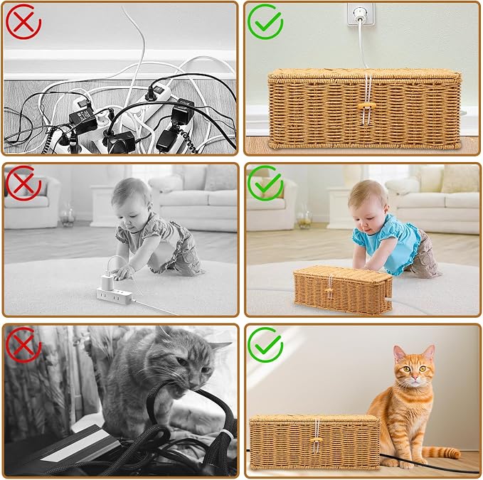 2PCS Cable Management Box, Handmade Rattan Cable Organizer Cord Basket | Open Slots Cords Hider Box Under Desk Cord Organizer for Computer Router USB Hub & Power Strip