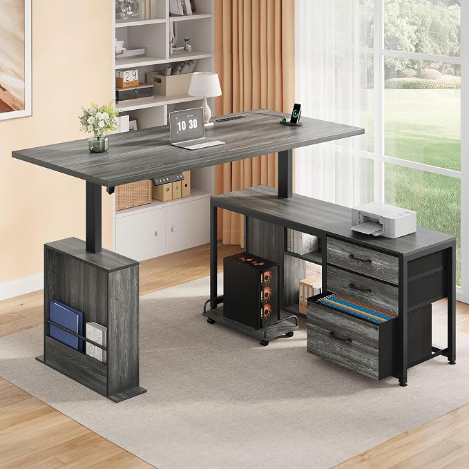 63 Inch L Shaped Desk with 3 Drawers Electric Standing Desks with Storage Computer Table Adjustable Height with Power Outlets 4 Memory Presets for Home Office, Grey
