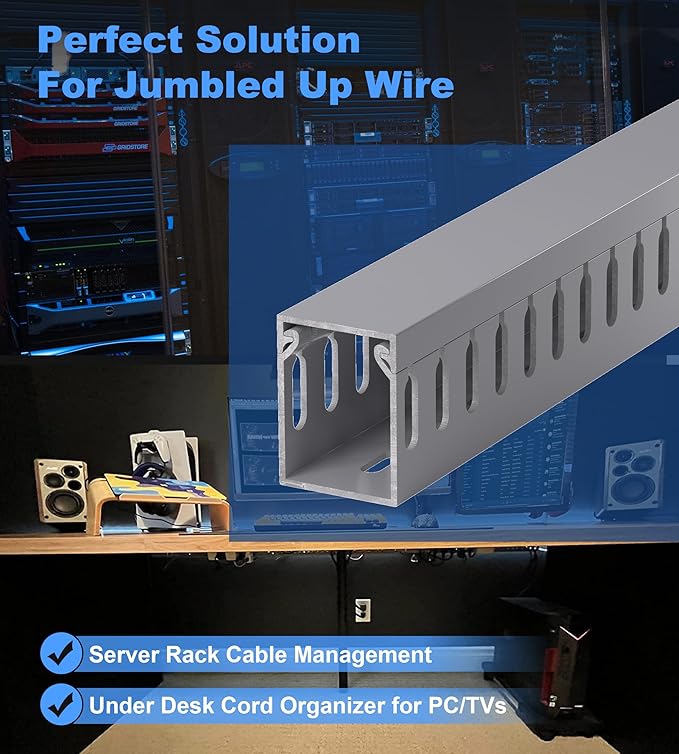 1.6"H x 1.2"W Cable Raceway, 6ft Under Desk Wire Management Channel, Black | Slotted Wire Duct, 2 Pack (3 ft Each), Heavy-Duty PVC Cable Management for Server Racks, Network Cables & Electrical Cabinets