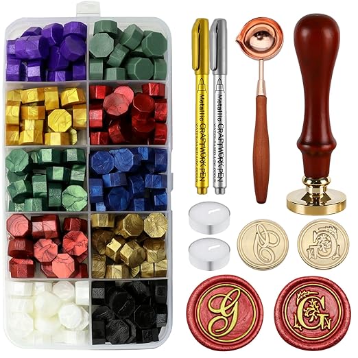 Letter Wax Seal Stamp Kit - Initial Alphabet G Stamp Head 2pcs, Vintage Monogram Stamps Wax Seal Kit with 200pcs Assorted Sealing Beads, Spoon, Metallic Gold Silver Pens