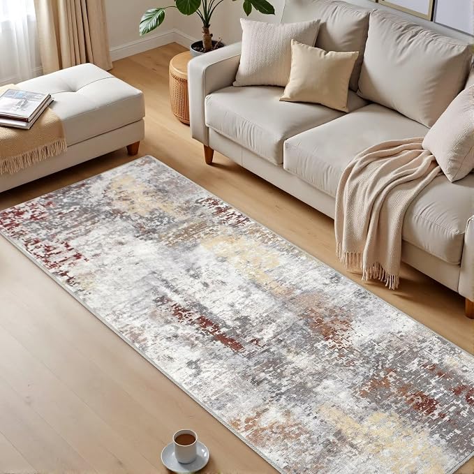 Macgace Washable Abstract Runner Rug, 2x6 Modern Area Rugs with Non-Slip Rubber Backed for Kitchen, Thin but Soft Contemporary Carpet Bedroom Entryway Hallway Decor, Rusty Brown