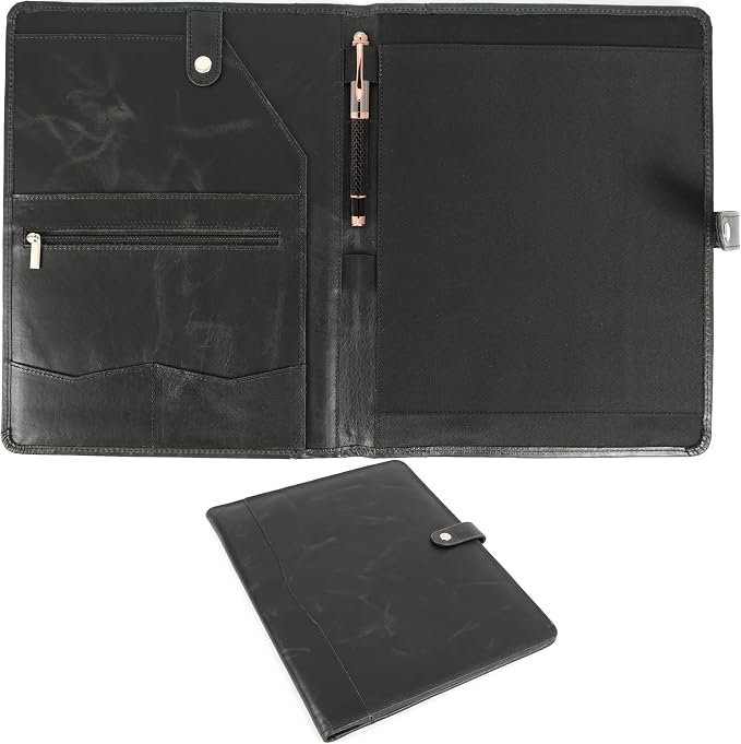 Leather Portfolio, Leather Binder with Pen, Resume Organizer & Padfolio for Men and Women | Business Portfolio with Card Holder & Document Organizer (Black)
